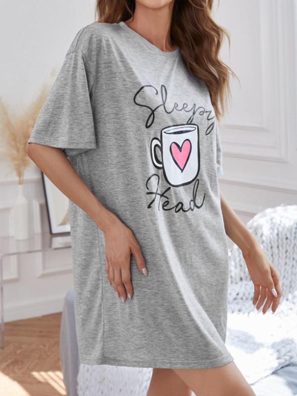 Women's Letter & Cup Print Drop Shoulder PJ Nightdress, Summer Clothes Women, Casual Soft Comfy Round Neck Half Sleeve Nightgown Nighties for Summer, Women's Sleepwear for Indoor Wear