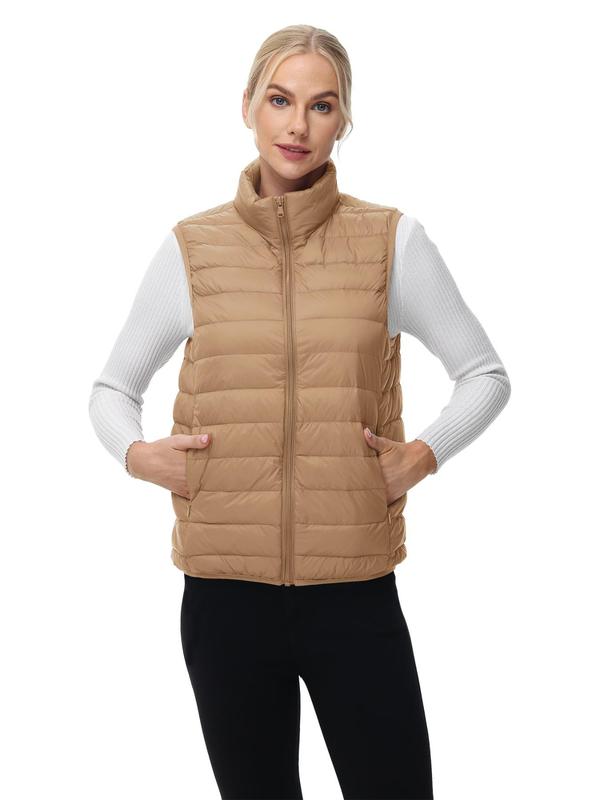 Women's Solid Zip Up Pocket Vest Down Coat, Women's Clothing for Hiking, Climbing, Camping Outdoor Activities, Casual Sleeveless Outerwear for Fall & Winter,