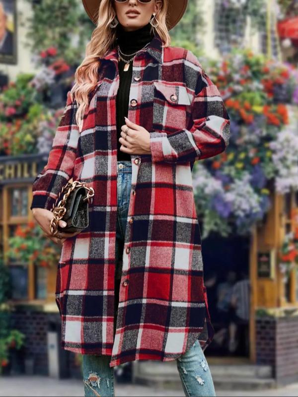 Women's Colorblock Plaid Print Button Front Drop Shoulder Coat, Casual Long Sleeve Collared Pocket Coat for Fall & Winter,  Winter Clothes Women, Women's Clothing for Daily Wear, Fall Clothes Outerwear