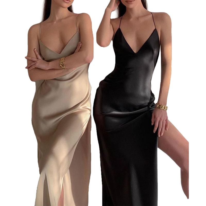 Women Spaghetti Strap Long Dress Satin Side Slit V Neck Low Cut Backless Maxi Dress Sexy Cocktail Party Silk Club Cami Dress