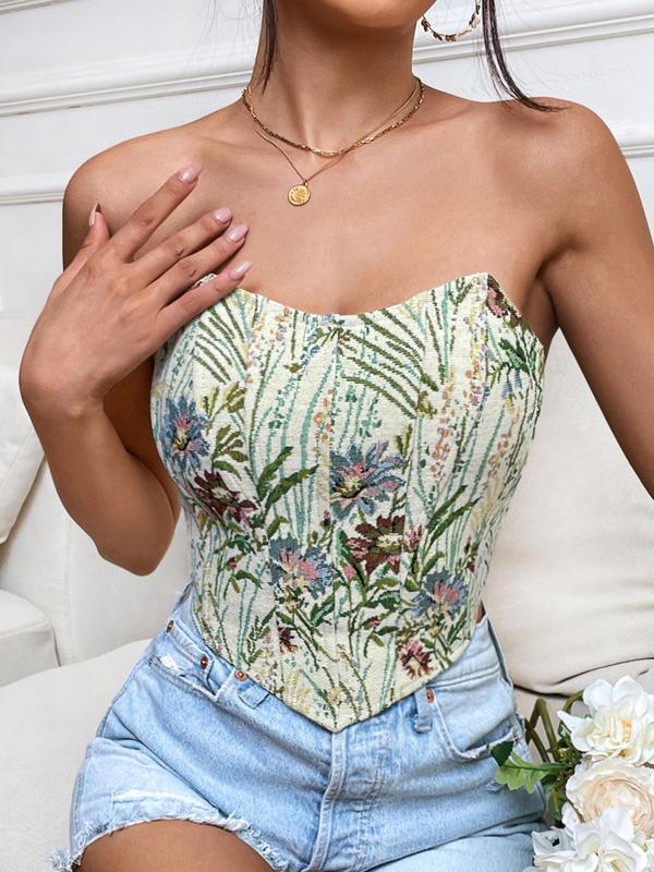 Women's Floral Print Tie Back Lace Up Hanky Hem Crop Tube Top, Summer Clothes Women, Asymmetrical Hem Sleeveless Top for Daily Outdoor Vintage Aesthetic Outfit