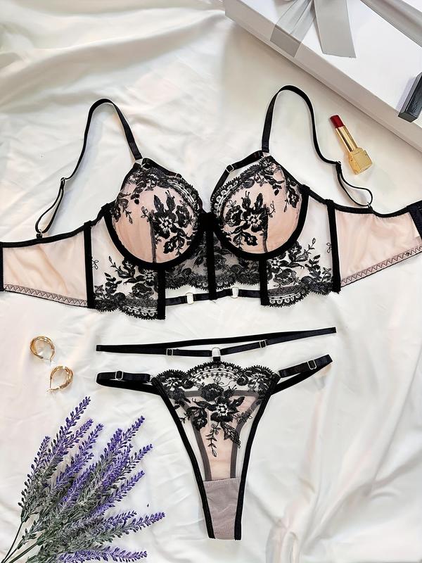 Women's Floral Embroidery Contrast Mesh Sheer Sexy Lingerie Set, Adjustable Spaghetti Strap Ring Linked Bra & Thong Set, Fashion Comfy Women's Lingerie Set for All Seasons