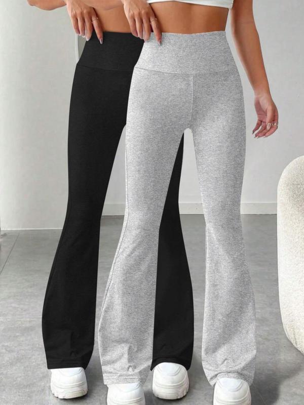 Women's Solid Bow Back Ruched Flare Leg Pants, Casual Comfy Elastic Waist Bell Bottom Trousers for Daily Wear, Ladies Bottoms for Fall & Winter