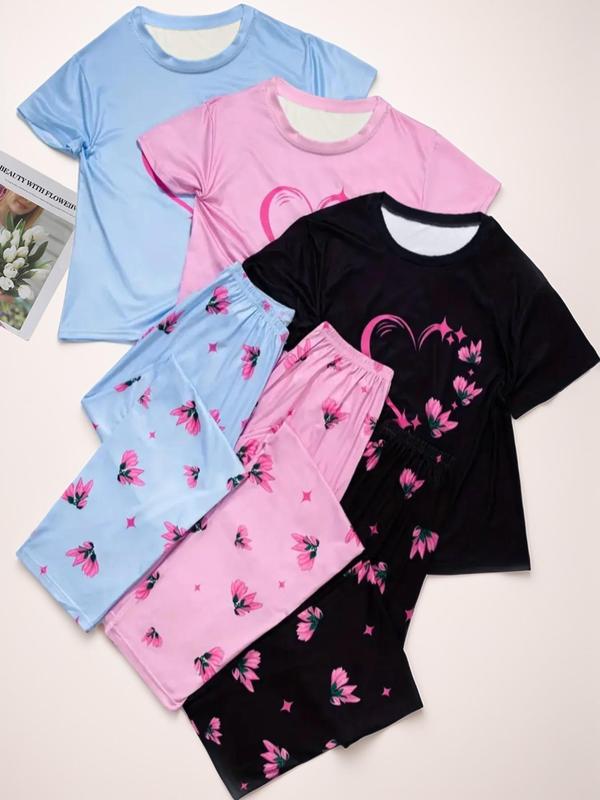 6 Piece Set Women's Heart Print Round Neck Tee & Butterfly Print Pants Pajama Set, Women Cute Nightwear, Comfort Casual Tee & Elastic Waist Trousers Pajama Set, Summer Clothes, Back To School Sleepwear, Sleepwear & Homewear for Lady, Summer Wear 2024