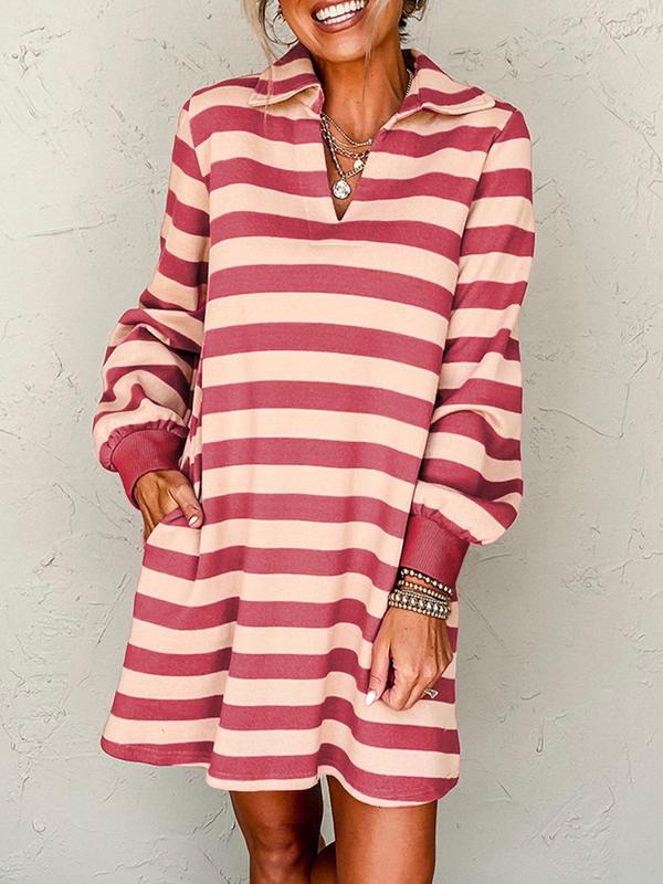 Women's Striped Print Pocket Tee Dress, Casual Long Sleeve Collared Dress for Fall & Winter, Women's Clothing for Daily Wear