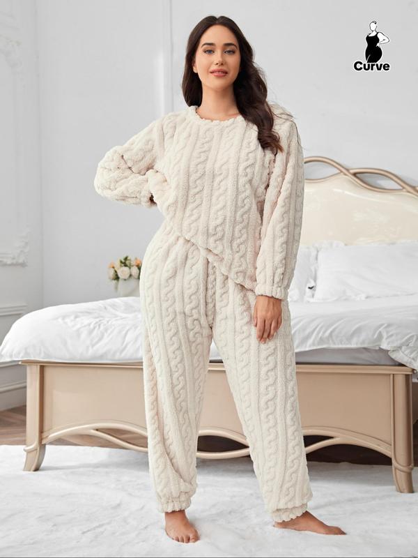 Plus Size Solid Textured Drop Shoulder Top & Coral Fleece Pants Two-piece Set, Casual Fashion Cozy Round Neck Long Sleeve Top & Trousers for Daily Home Wear, Women's Sleepwear for Fall & Winter, Fluffy Pajamas