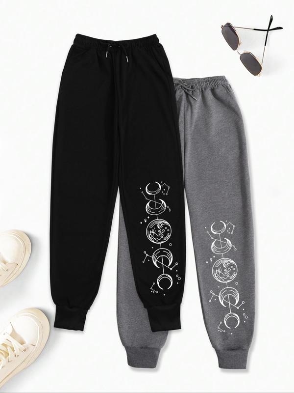 Women's Planet Print Drawstring Waist Pocket Jogger Pants, Casual Sweatpants for Daily Wear, Women's Trousers for All Seasons