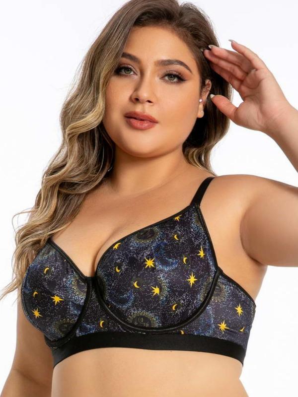 Plus Size Galaxy Print Underwire Bra, Casual Adjustable Strap Push Up Bralette for Women, Women's Plus Size Lingerie for All Seasons