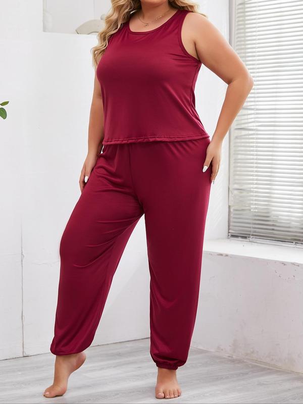 Plus Size Solid Long Sleeve Open Front Robe & Round Neck Tank & Pants Pyjama Three-piece Set, Pajama Sets Women, Casual Comfy Three-piece Sleepwear Wear for Women, Women's Basic Sleepwear for Spring & Fall, Fall Wear, Fallfreshness