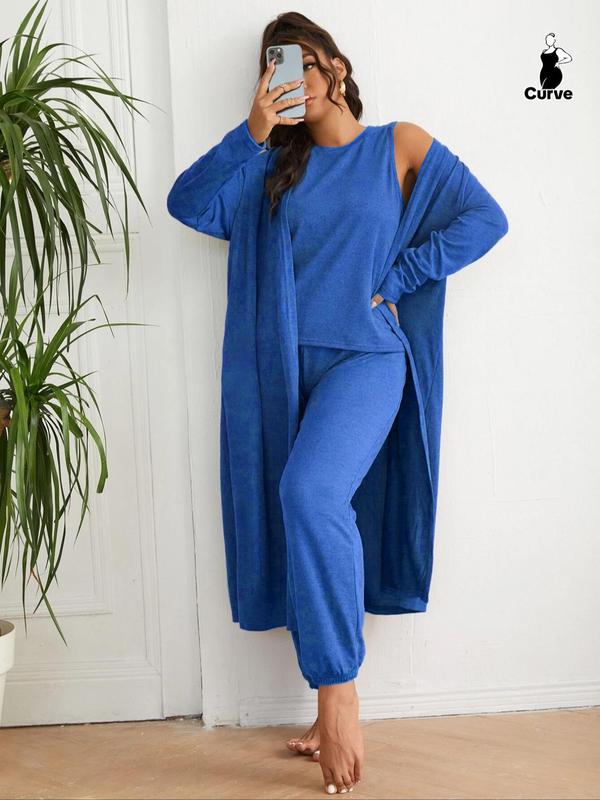 Plus Size Solid Long Sleeve Open Front Robe & Round Neck Tank & Pants Pyjama Three-piece Set, Pajama Sets Women, Casual Comfy Three-piece Sleepwear Wear for Women, Women's Basic Sleepwear for Spring & Fall, Fall Wear, Fallfreshness