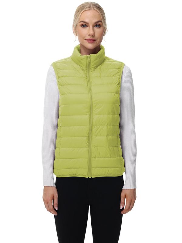 Women's Solid Zip Up Pocket Vest Down Coat, Women's Clothing for Hiking, Climbing, Camping Outdoor Activities, Casual Sleeveless Outerwear for Fall & Winter,