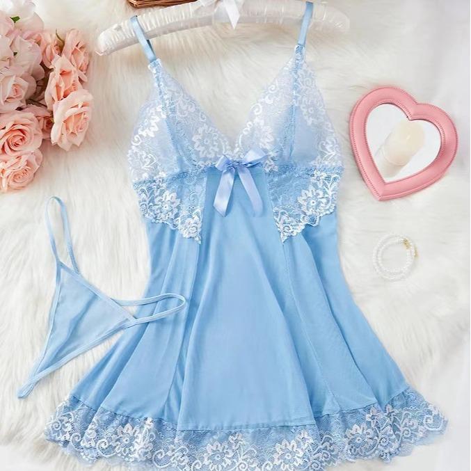 Lace print comfortable pajamas Slim waist sexy lingerie dress Embroidered sexy bow pajamas