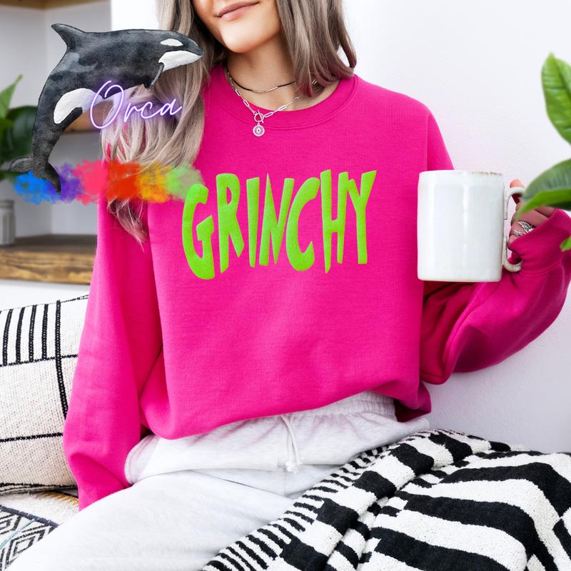 Orca ~ GRINCHY Unisex Sweatshirts with Lime Green Glitter Puff ~ Small - 4XL Christmas Crewneck Casual Womenwear