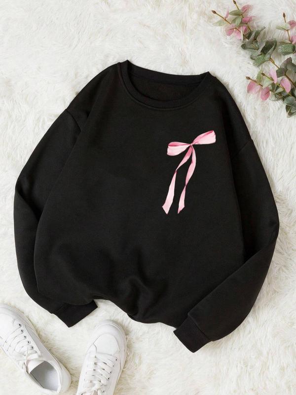 Women's Letter & Bow Print Crew Neck Sweatshirt, Casual Long Sleeve Pullover for Fall & Winter, Women's Clothes for Daily Wear