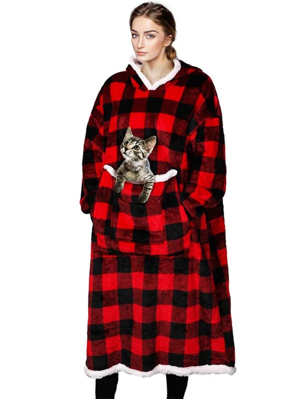 Christmas Women's Plaid Print Contrast Faux Fur Trim Hooded Lounge Robe, Casual Drop Shoulder Long Sleeve Bathrobe Loungewear, Ladies Sleepwear for Fall & Winter