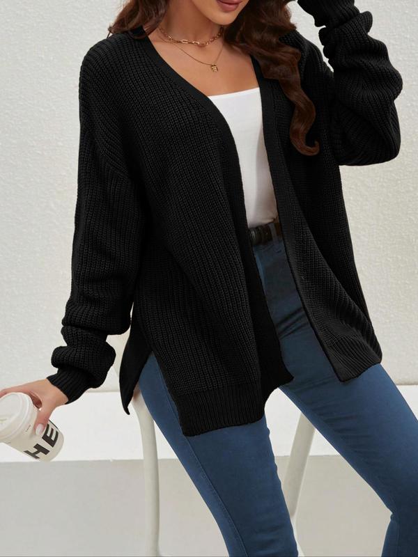 Women's Plain Split Hem Drop Shoulder Cardigan, Casual Long Sleeve Open Front Knitwear for Spring & Fall, Fashion Women's Knit Clothing for Daily Wear