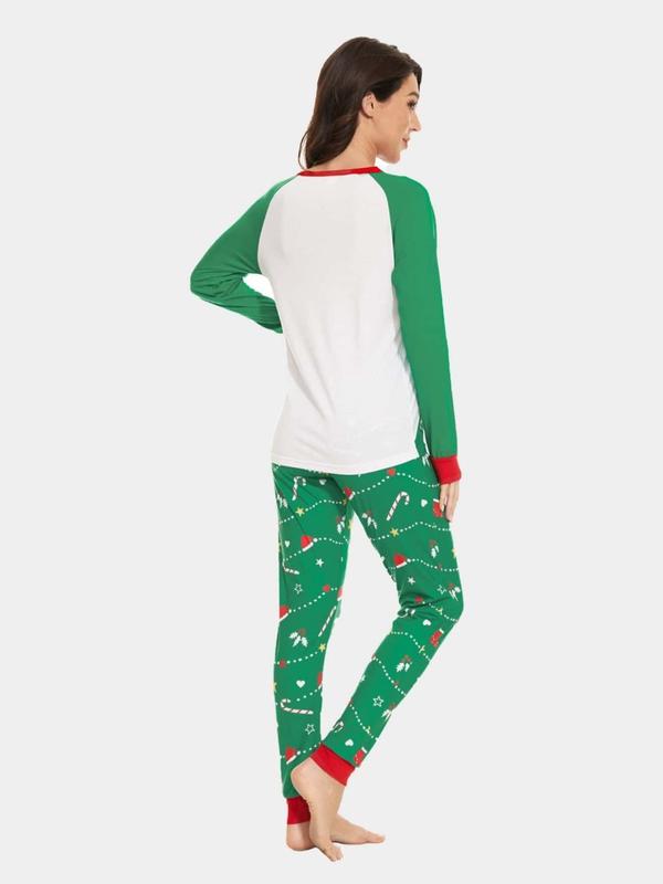 Couple's Christmas Themed Reindeer & Plaid Print Raglan Sleeve Pajama Two-piece Set, Casual Comfy Long Sleeve Top & Elastic Waist Pants Pj Set, Couple's Sleepwear for Spring & Fall,  Matching Bf and Gf