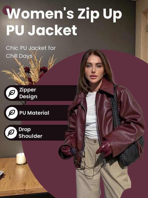 Women's Solid Zip Up Drop Shoulder PU Jacket, Fashion Tops, Casual Long Sleeve Collared Outerwear for Daily Outdoor Wear, Women Clothing for Fall & Winter