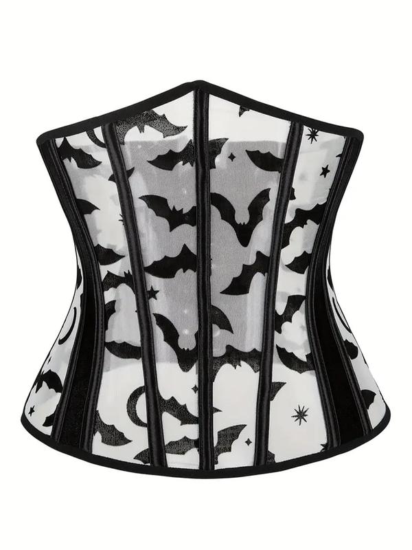 Women's Bat & Galaxy Print Lace Up Sheer Corset Mesh Waist Trainer, High Stretch Grommet Eyelet Waist Cincher Belt, Tummy Control Waist Shaper for Women