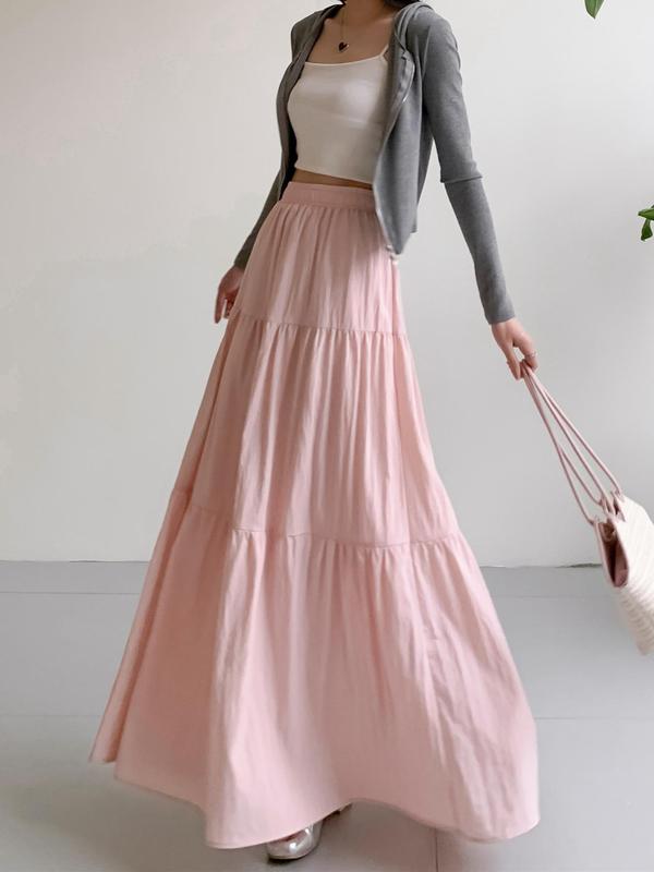 Women's Solid High Waist A-line Skirt, Casual Elastic Waist Long Skirt for Daily Wear, Ladies Bottoms for All Seasons