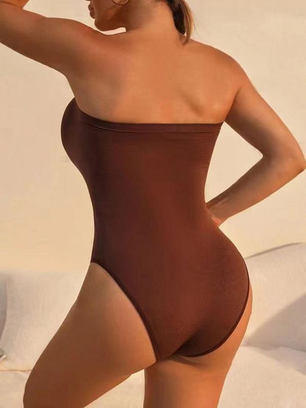 Women's Solid Ruched Strapless Shapewear Bodysuit, Casual Tummy Control Tube Bodysuit, Seamless Shaper for Daily Wear, Fall Wear, Earthtone Fallfreshness