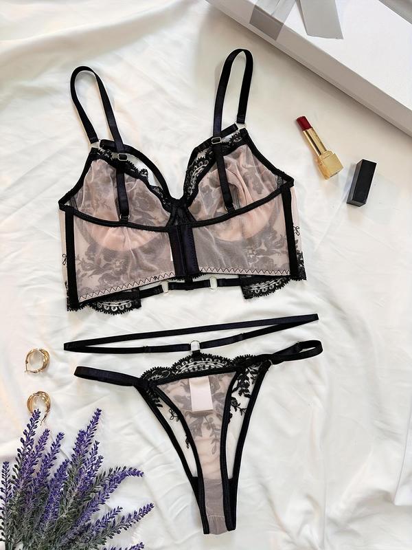 Women's Floral Embroidery Contrast Mesh Sheer Sexy Lingerie Set, Adjustable Spaghetti Strap Ring Linked Bra & Thong Set, Fashion Comfy Women's Lingerie Set for All Seasons