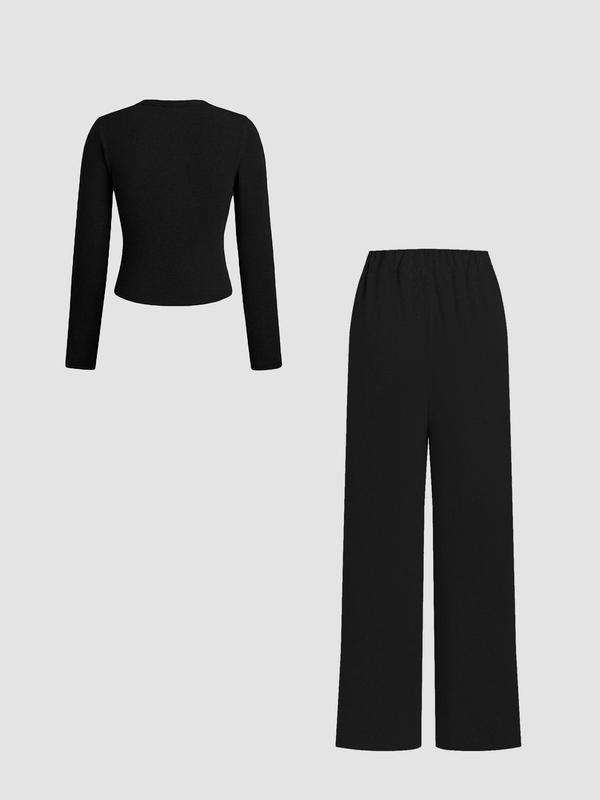 Two-piece Set Women's Solid Button Front Ribbed Crop Top & Elastic Waist Pants, Casual Long Sleeve Round Neck Top & Trousers 2 Piece Set for Spring & Fall, Women's Clothes for Daily Wear