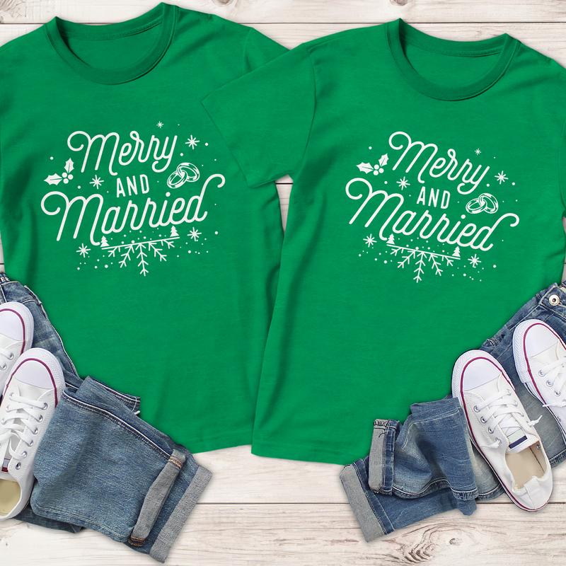 Merry And Married Couples Matching Christmas T-Shirts, Comfort Cotton, Size For All Body, Shirts For Couples, Gift For Husband Wife Casual Comfortable