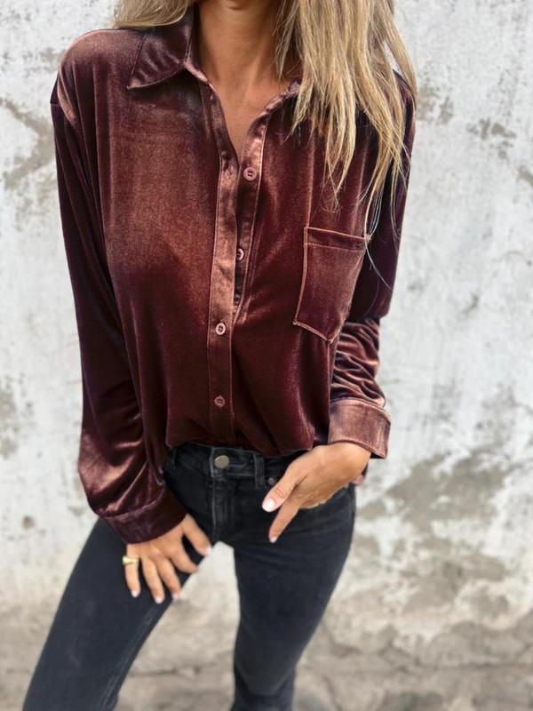 Women's Velvet Button Front Pocket Shirt, Casual Long Sleeve Collared Top for Fall & Winter, Women's Clothes for Daily Wear Blouse