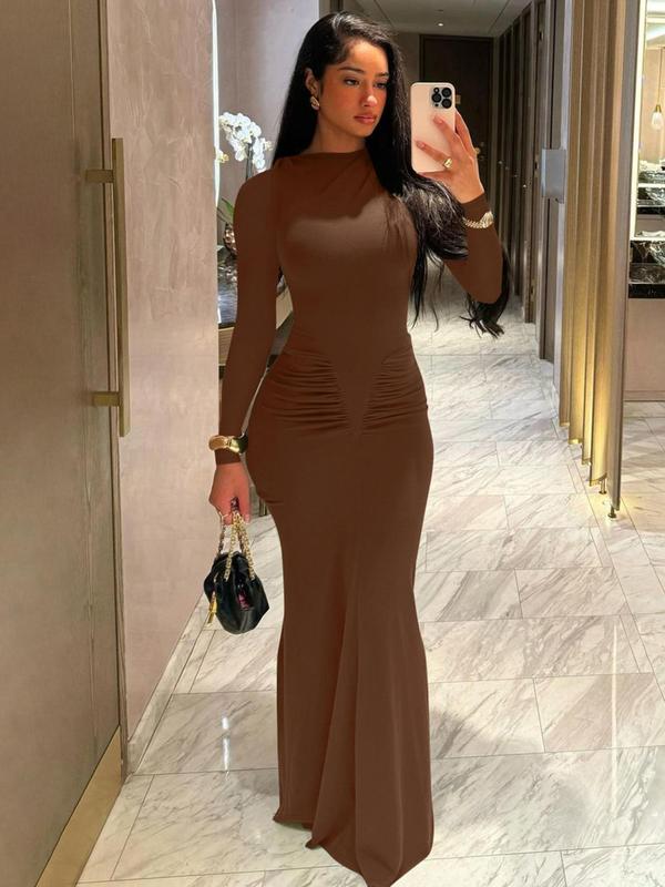 Women's Plain Ruched Long Sleeve Bodycon Dress, Fall Outfits, Elegant Round Neck Maxi Dress for Party Club Dating, Ladies Spring & Fall Clothes, Fall Outfits 2024, Dresses for Women, Elegant Dresses 2024, Fall Clothes