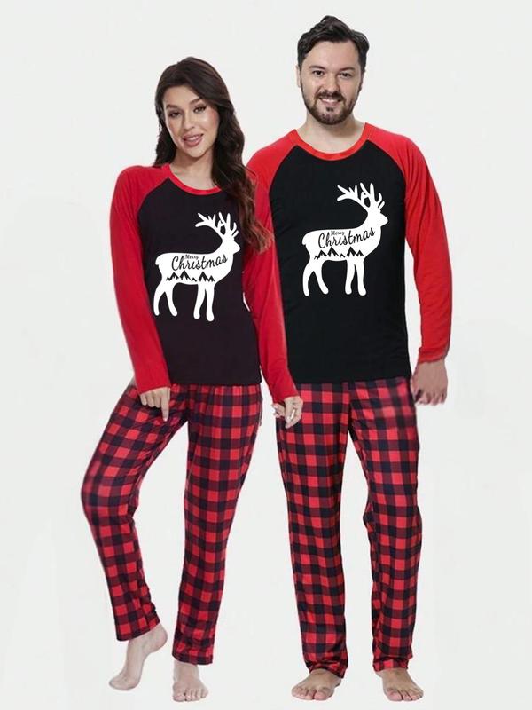 Couple's Christmas Themed Reindeer & Plaid Print Raglan Sleeve Pajama Two-piece Set, Casual Comfy Long Sleeve Top & Elastic Waist Pants Pj Set, Couple's Sleepwear for Spring & Fall,  Matching Bf and Gf