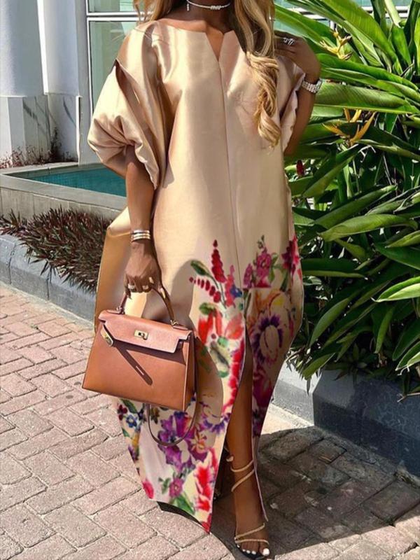 Women's Floral Print Split Hem Notched Neck Dress, Boho Fashion Casual Batwing Sleeve Long Dress for Daily Holiday Vacation Wear, Ladies Dress for All Seasons