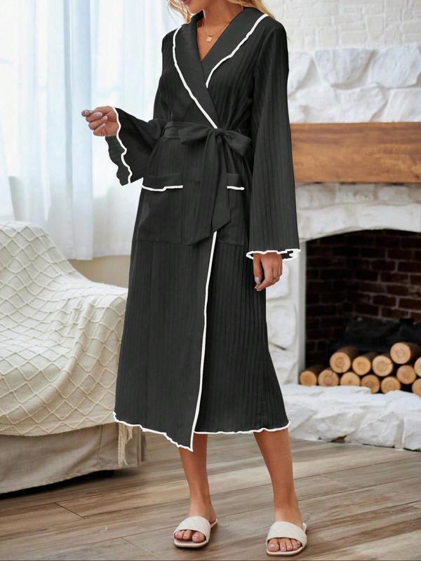 Women's Contrast Binding Belted Wrap Lounge Robe, Casual Long Sleeve Gown, Ladies Sleepwear for Spring & Fall