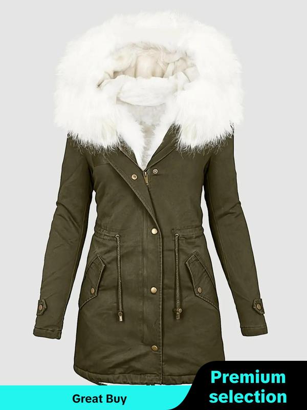 Women's Contrast Faux Fur Trim Drawstring Button Front Quilted Hooded Coat , Casual Long Sleeve Pocket Zipper Outerwear for Fall & Winter, Women's Clothing for Daily Wear