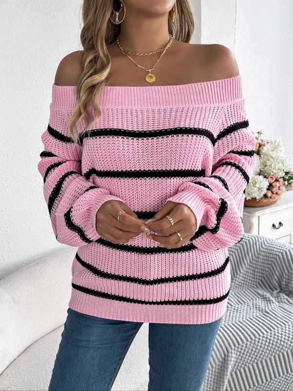 Women's Striped Print Off Shoulder Bishop Sleeve Sweater, Casual Long Sleeve Jumper for Fall & Winter, Fashion Ladies' Knitwear for Daily Wear