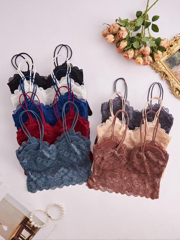 Women's Solid Color Lace Bralette with Removable Chest Pad, Casual Comfy Breathable Double Strap Wireless Push Up Bra, Ladies Lingerie for All Seasons