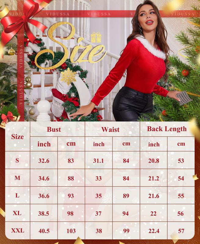 VIDUSSA Christmas Cold Shoulder Tops - Womens Santa Velvet Long Sleeve Off The Shoulder Fur Trim Sweater Tops Shirts Womenswear Blouse Underwear Comfort Longsleeves Winter