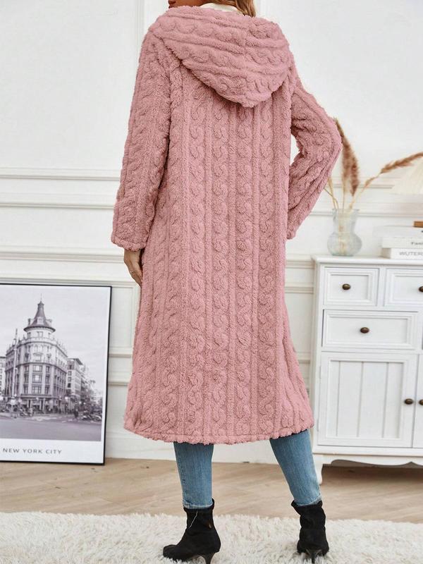 Women's Solid Textured Long Sleeve Fuzzy Hooded Coat, Casual Jackets, Open Front Plush Outerwear for Fall & Winter, Women's Clothing for Daily Wear