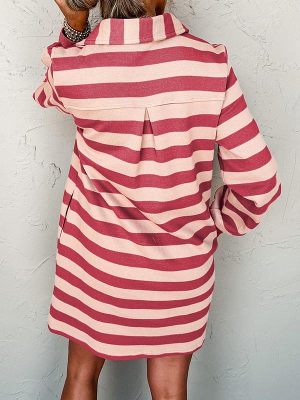 Women's Striped Print Pocket Tee Dress, Casual Long Sleeve Collared Dress for Fall & Winter, Women's Clothing for Daily Wear