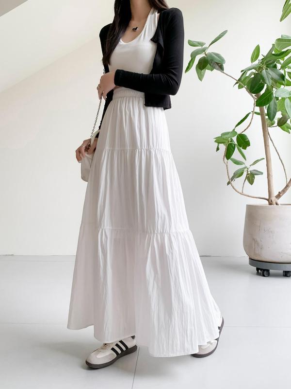 Women's Solid High Waist A-line Skirt, Casual Elastic Waist Long Skirt for Daily Wear, Ladies Bottoms for All Seasons