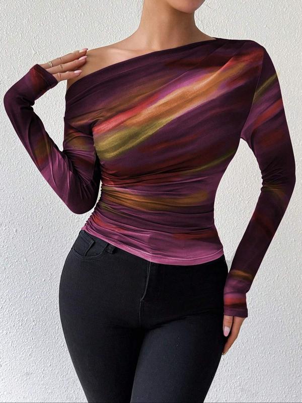 Women's All Over Print Ruched Asymmetrical Neck Tee, Elegant Long Sleeve T-shirt for Spring & Fall, Women's Top for Daily Wear