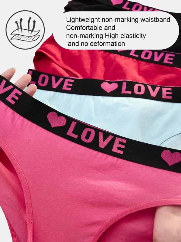  Heart & Letter Print Tape Waist Seamless Knicker, Breathable Comfy Panty for Daily Wear, Women's Underwear for All Seasons