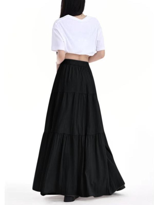 Women's Solid High Waist A-line Skirt, Casual Elastic Waist Long Skirt for Daily Wear, Ladies Bottoms for All Seasons