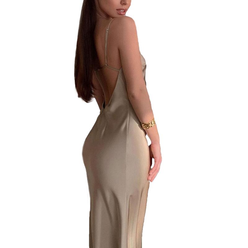 Women Spaghetti Strap Long Dress Satin Side Slit V Neck Low Cut Backless Maxi Dress Sexy Cocktail Party Silk Club Cami Dress