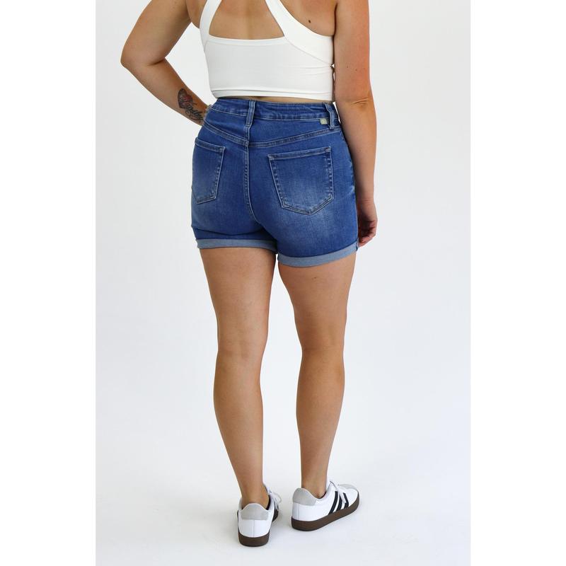 Tummy Control Denim Midi Shorts by AJ