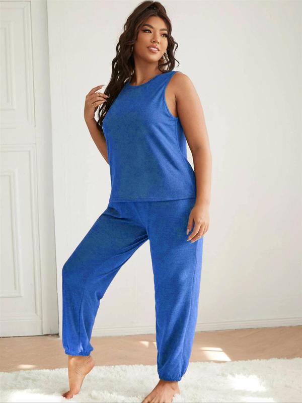 Plus Size Solid Long Sleeve Open Front Robe & Round Neck Tank & Pants Pyjama Three-piece Set, Pajama Sets Women, Casual Comfy Three-piece Sleepwear Wear for Women, Women's Basic Sleepwear for Spring & Fall, Fall Wear, Fallfreshness