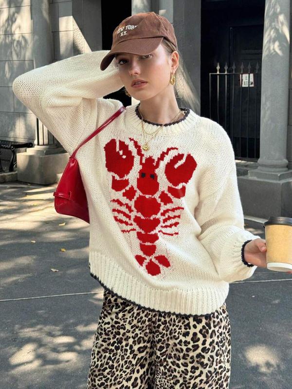 Women's Lobster Print Drop Shoulder Sweater, Casual Long Sleeve Round Neck Jumper for Fall & Winter, Fashion Ladies' Knitwear for Daily Wear