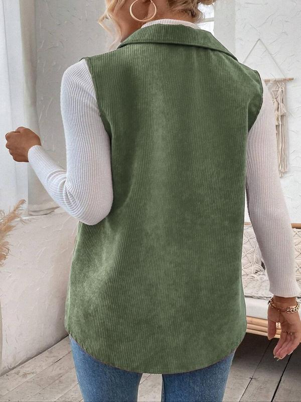  Solid Button Front Shirt Vest, Casual Pocket Sleeveless Collared Top for Fall & Winter, Women's Clothes for Daily Wear