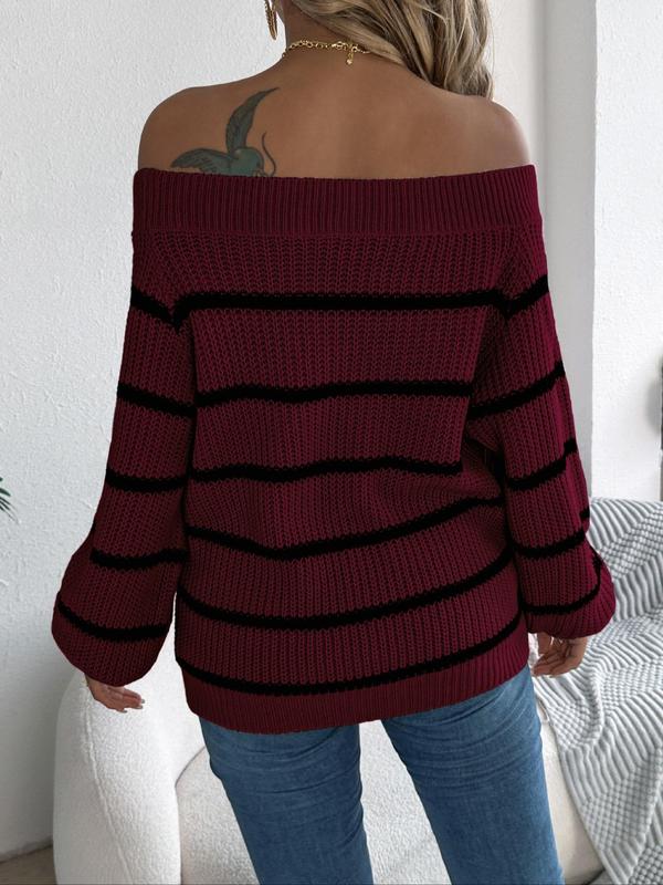 Women's Striped Print Off Shoulder Bishop Sleeve Sweater, Casual Long Sleeve Jumper for Fall & Winter, Fashion Ladies' Knitwear for Daily Wear