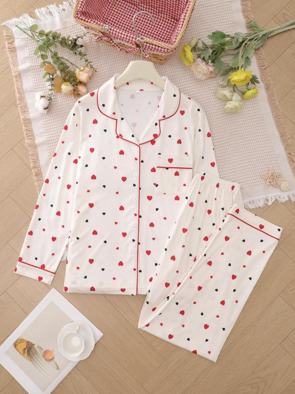 Two-piece Set Women's Heart  Strawberry Print Pajama Set, Casual Comfy Long Sleeve Lapel Collar Top & Pants Pj Set, Ladies Sleepwear for Spring & Fall